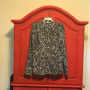 Calvin Klein size L black white animal print blouse long sleeve silver button